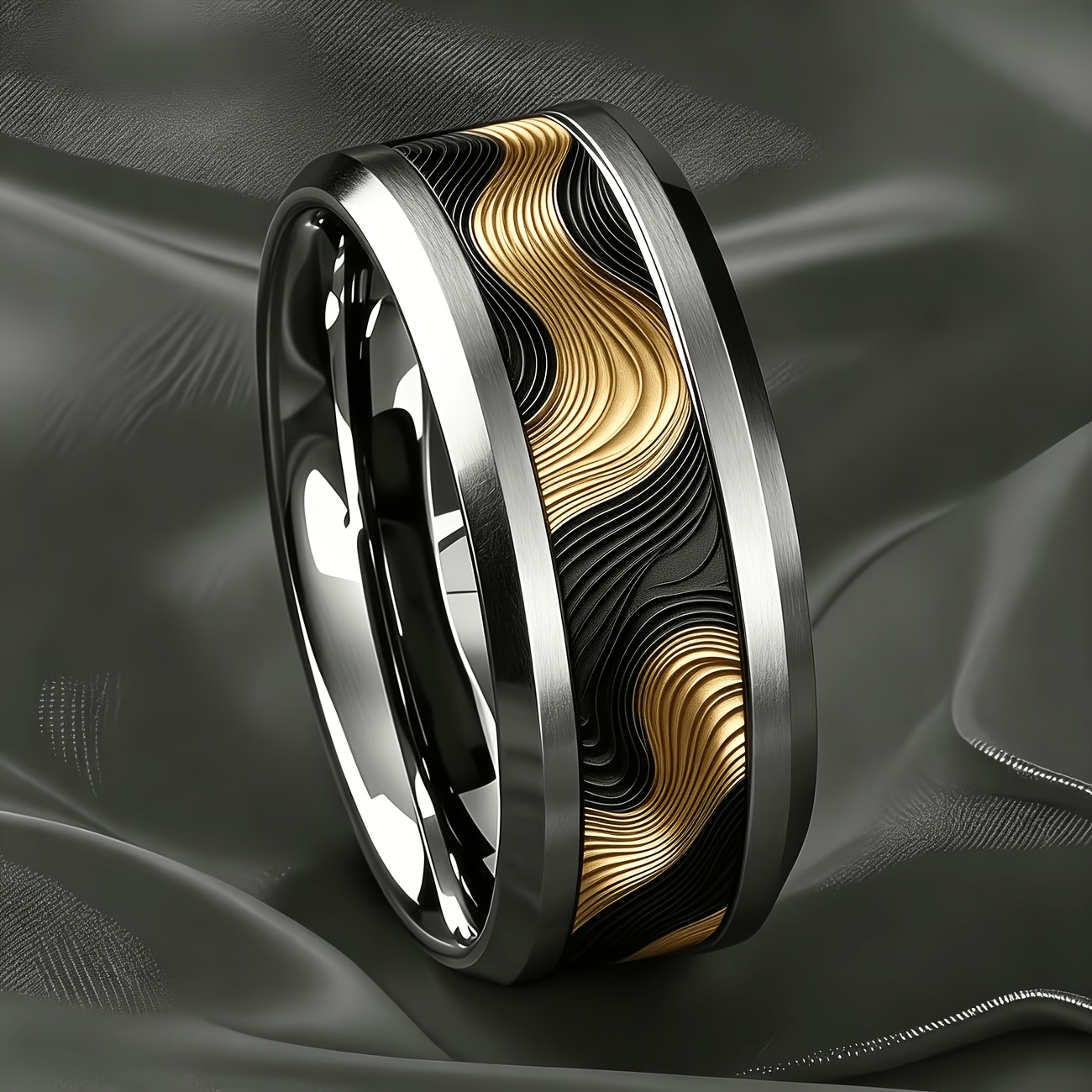 Light Luxury Black Golden Streamlined Stainless Steel Ring